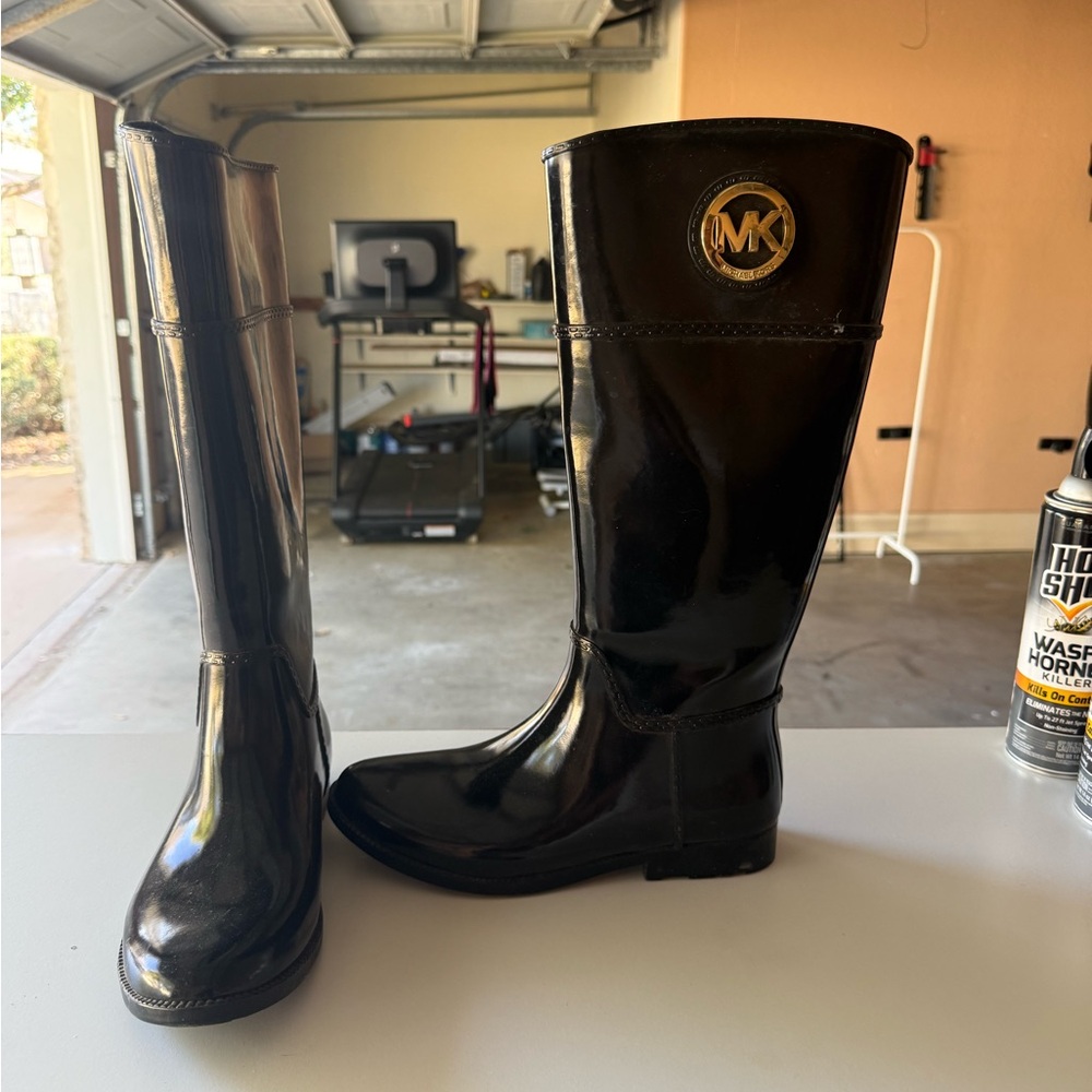 Michael Kors Glossy Black Boots with Gold Logo